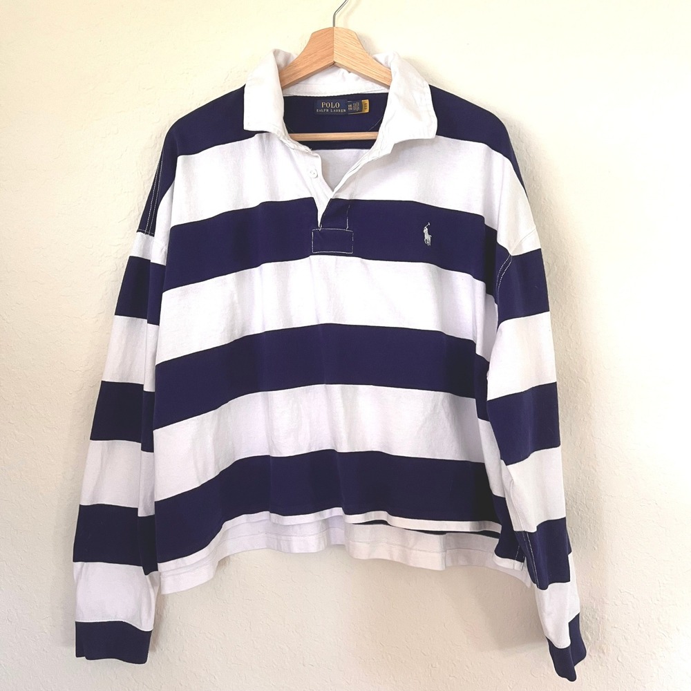 Polo Ralph Lauren Cropped Rugby Women's XXL Navy White Striped Long Sleeve Polo